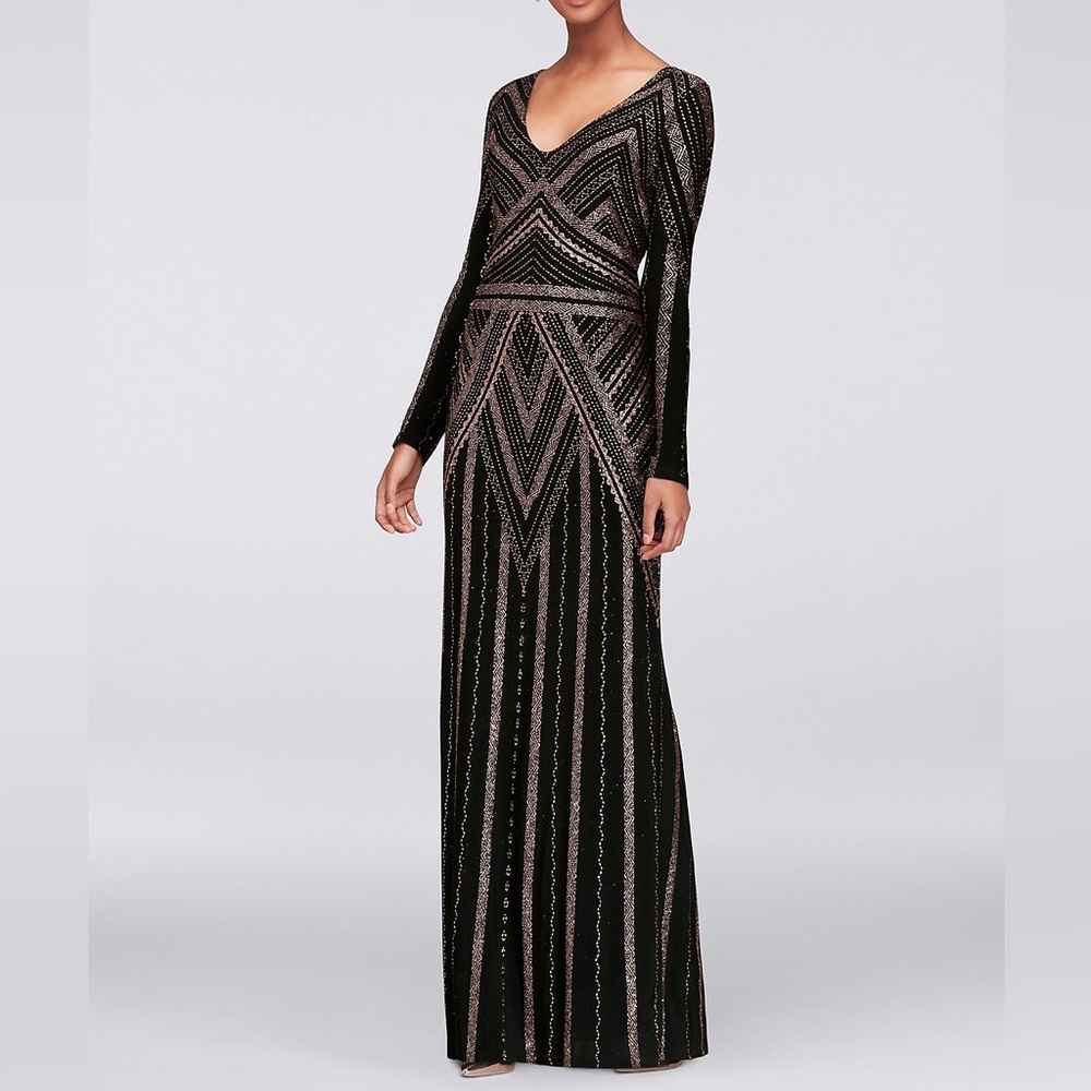 V Neck sheath gown by Marina Acetate